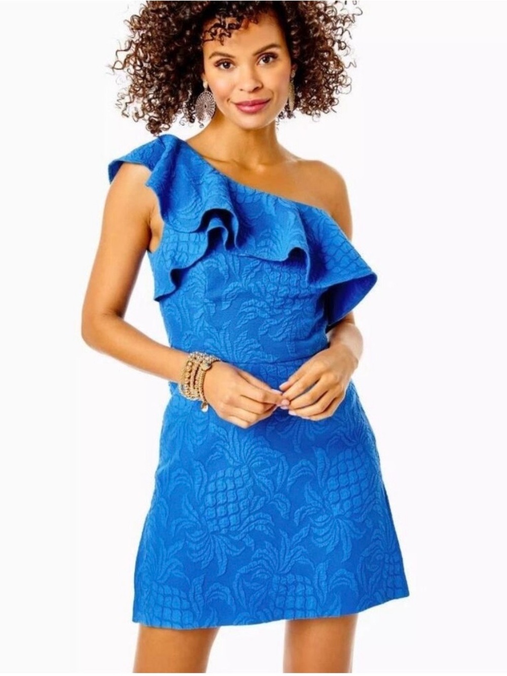 Lilly Pulitzer Kipton skirted romper, blue tang pineapple tucker jacquard, Sz 4